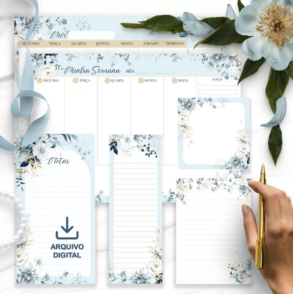 Arquivo Kit Desk Planners e Bloquinhos Coleção Floral Azul + Brinde – Bicho Papel