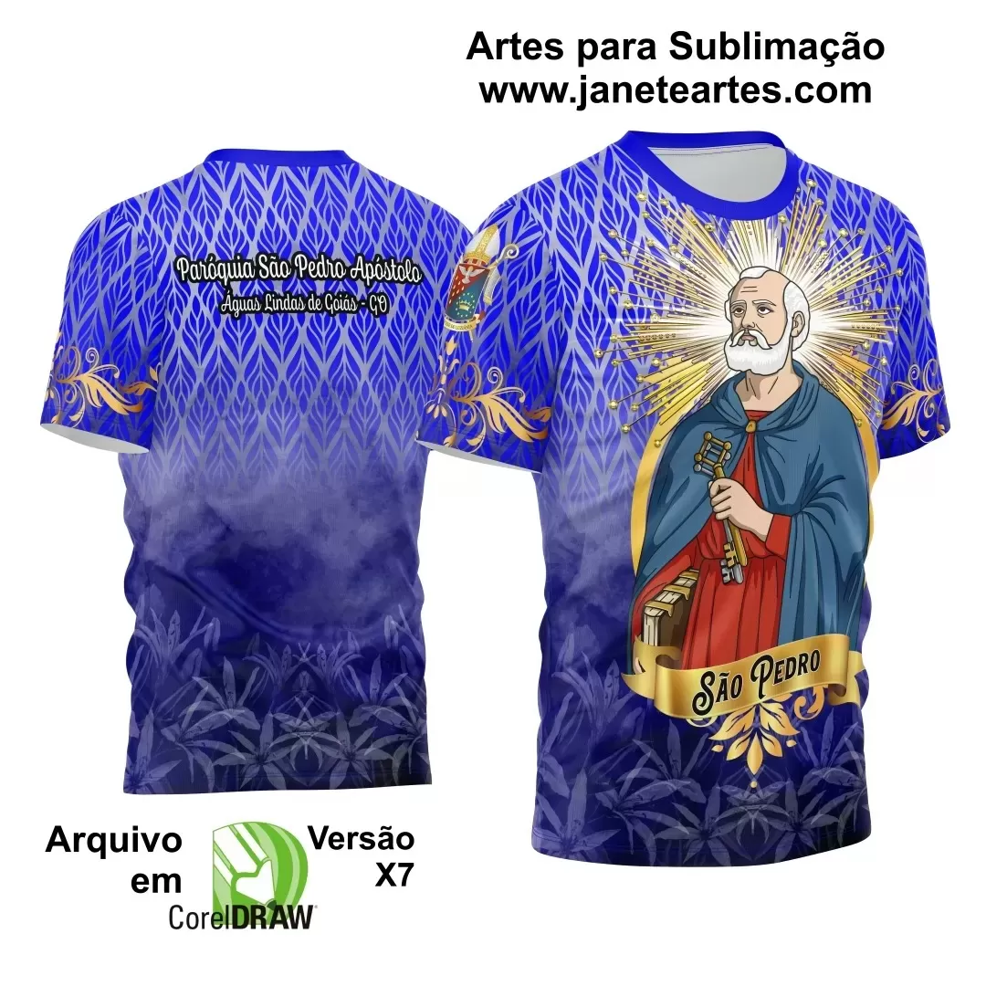 Arte Estampa Camisa Azul Flores 2024 - Religião - São Pedro 2024