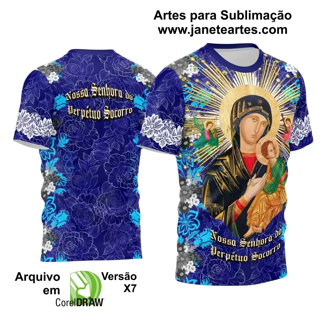 Arte Estampa Camisa Azul- Flores - Religião - Festejo - Nossa Senhora do Perpétuo Socorro 2024