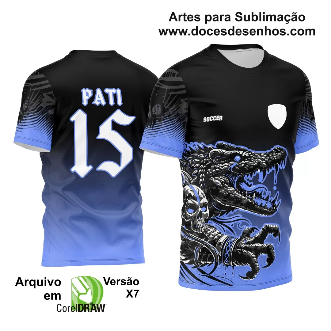 Arte Estampa - Camisa de Interclasse Preta e Azul - Jogos Internos - Crocodilo Caveira - 2024 - 2025 - Doces Desenhos