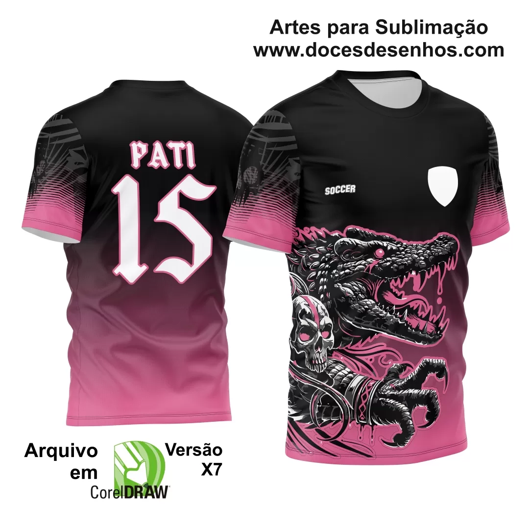 Arte Estampa - Camisa de Interclasse Preta e Rosa - Jogos Internos - Crocodilo Caveira - 2024 - 2025 - Doces Desenhos