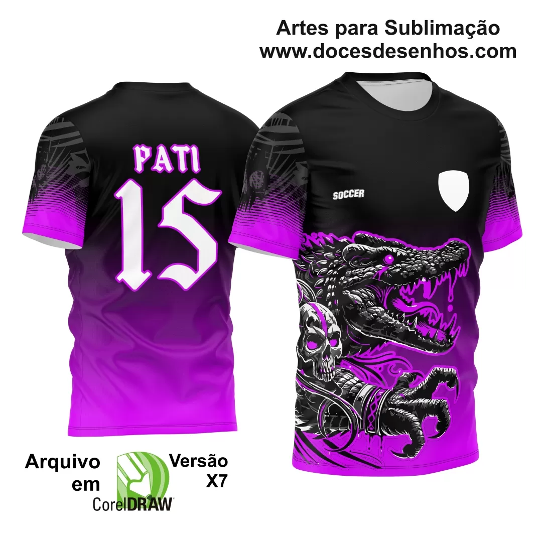 Arte Estampa - Camisa de Interclasse Preta e Roxa - Jogos Internos - Crocodilo Caveira - 2024 - 2025 - Doces Desenhos