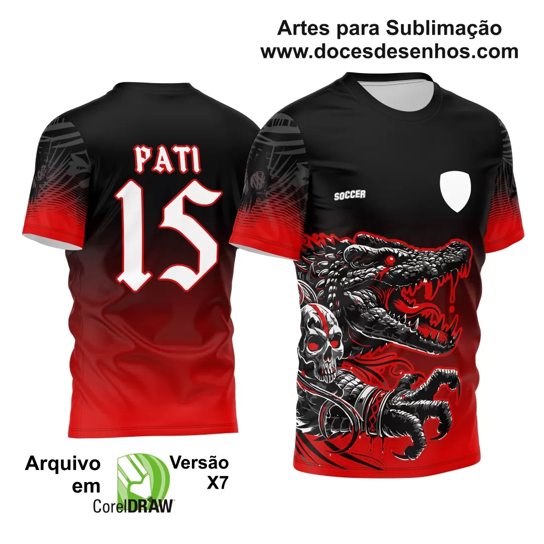 Arte Estampa - Camisa de Interclasse Preta e Vermelha - Jogos Internos - Crocodilo Caveira - 2024 - 2025 - Doces Desenhos