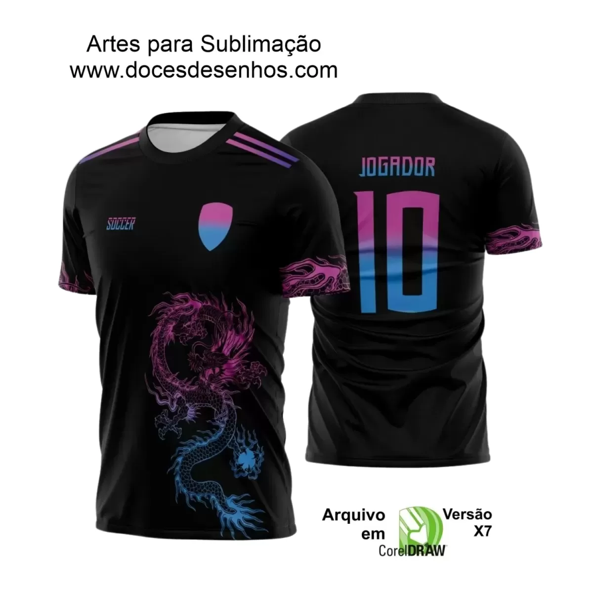 Arte Estampa Camiseta Escolar - Preta - Interclasse 2024 – 2025 - Tema Dragão Rosa e Azul