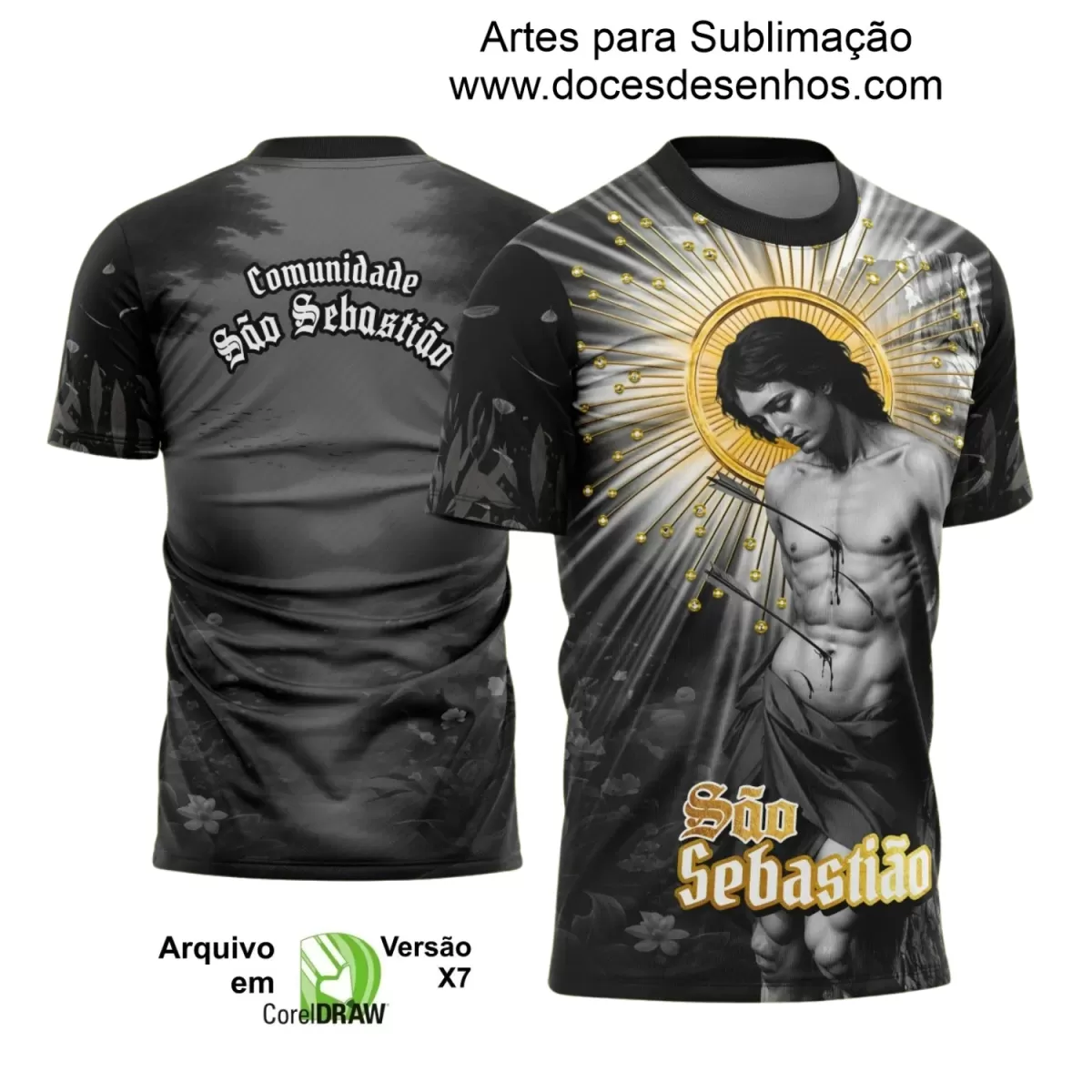 Arte Estampa Camiseta Religiosa - Preta - São Sebastião - Religião - 2025 - Festejo e Devoção - 2025