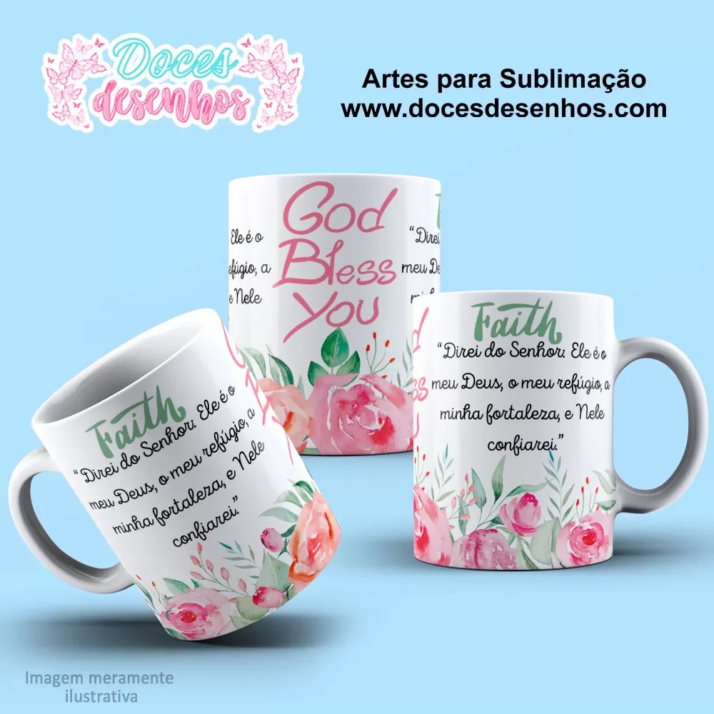 Arte Estampa Caneca Floral Rosa Sublimação 2024 - God Bless You