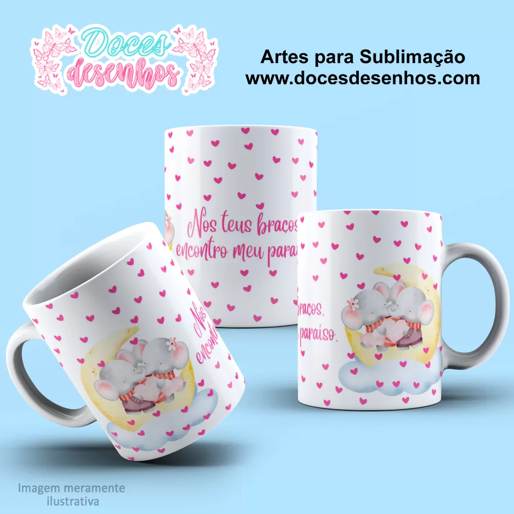 Arte Estampa Caneca Sublimação Elefantinhos Apaixonados - Dia dos Namorados 2024