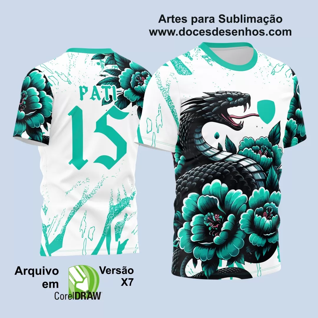 Arte Vetor Camisa Interclasse - Jogos Internos 2024 - Serpente Negra e Flores Turquesa