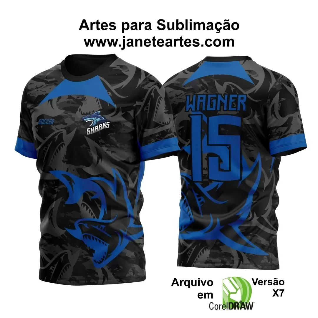 Arte Vetor Camisa Preta e Azul - Interclasse 2024 - Jogos Internos 2024 - Time Amador - Tubarão