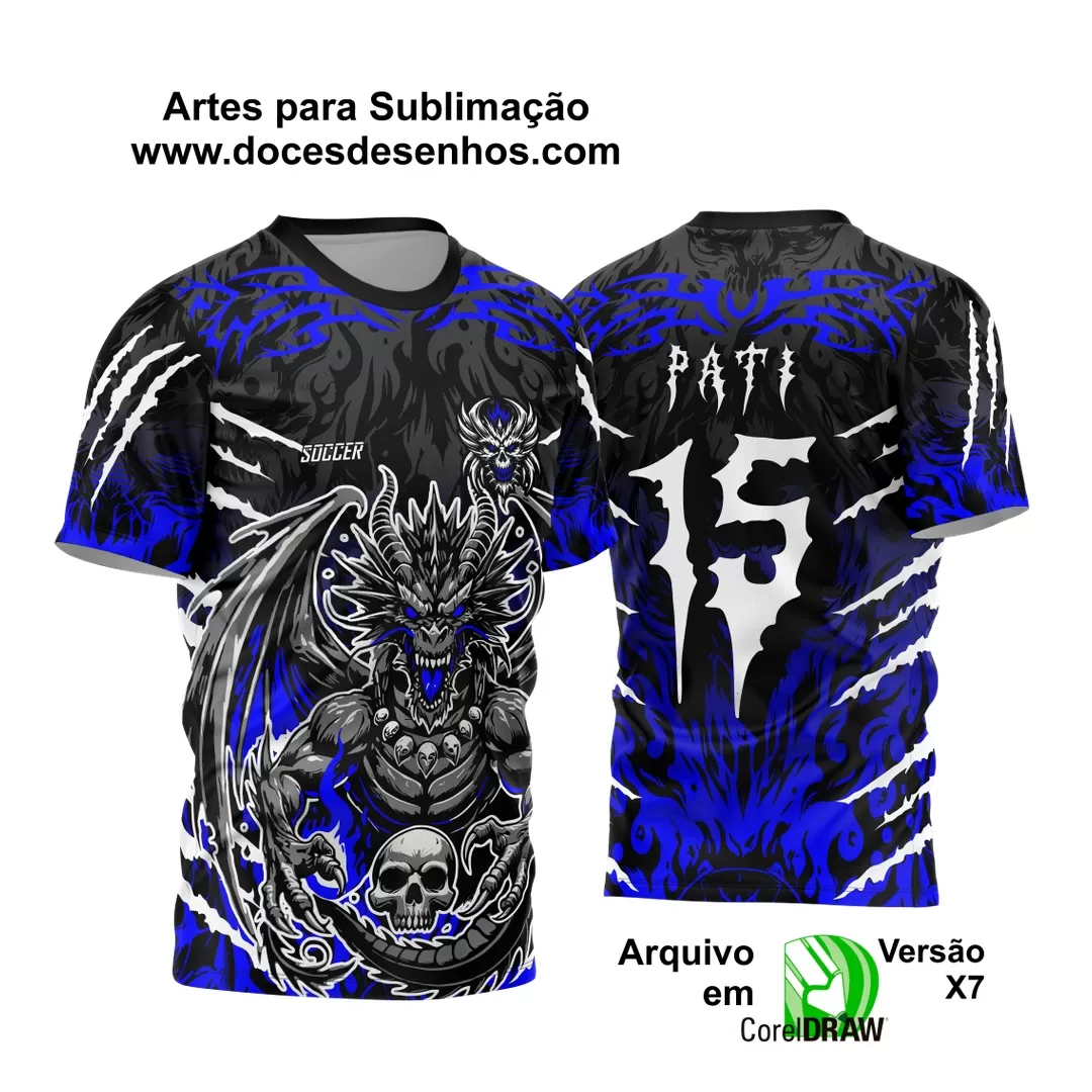 Arte Vetor - Camisa de Interclasse Preta e Azul - Jogos Internos - Dragão Assustador - Caveira - 2024 - 2025 