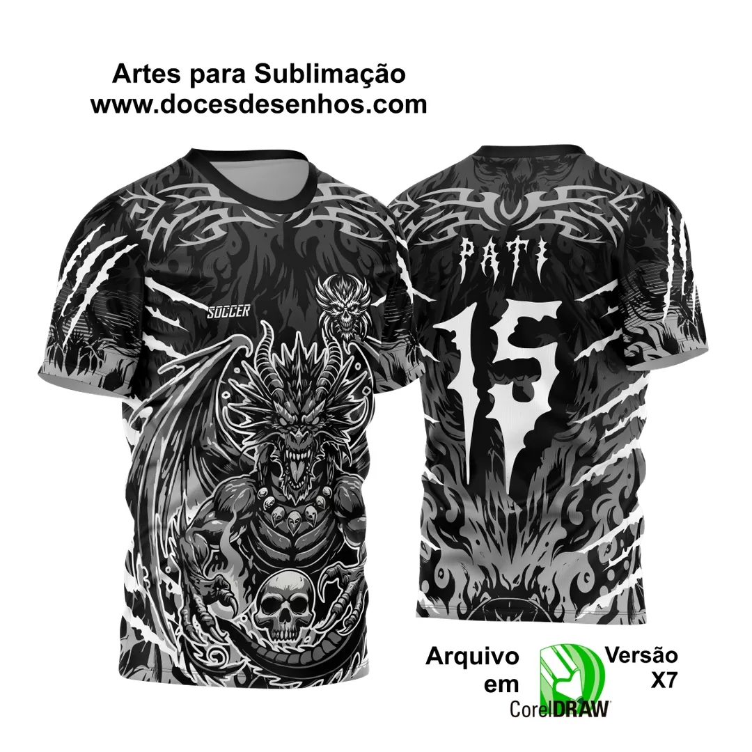 Arte Vetor - Camisa de Interclasse Preta e Cinza - Jogos Internos - Dragão Assustador - Caveira - 2024 - 2025