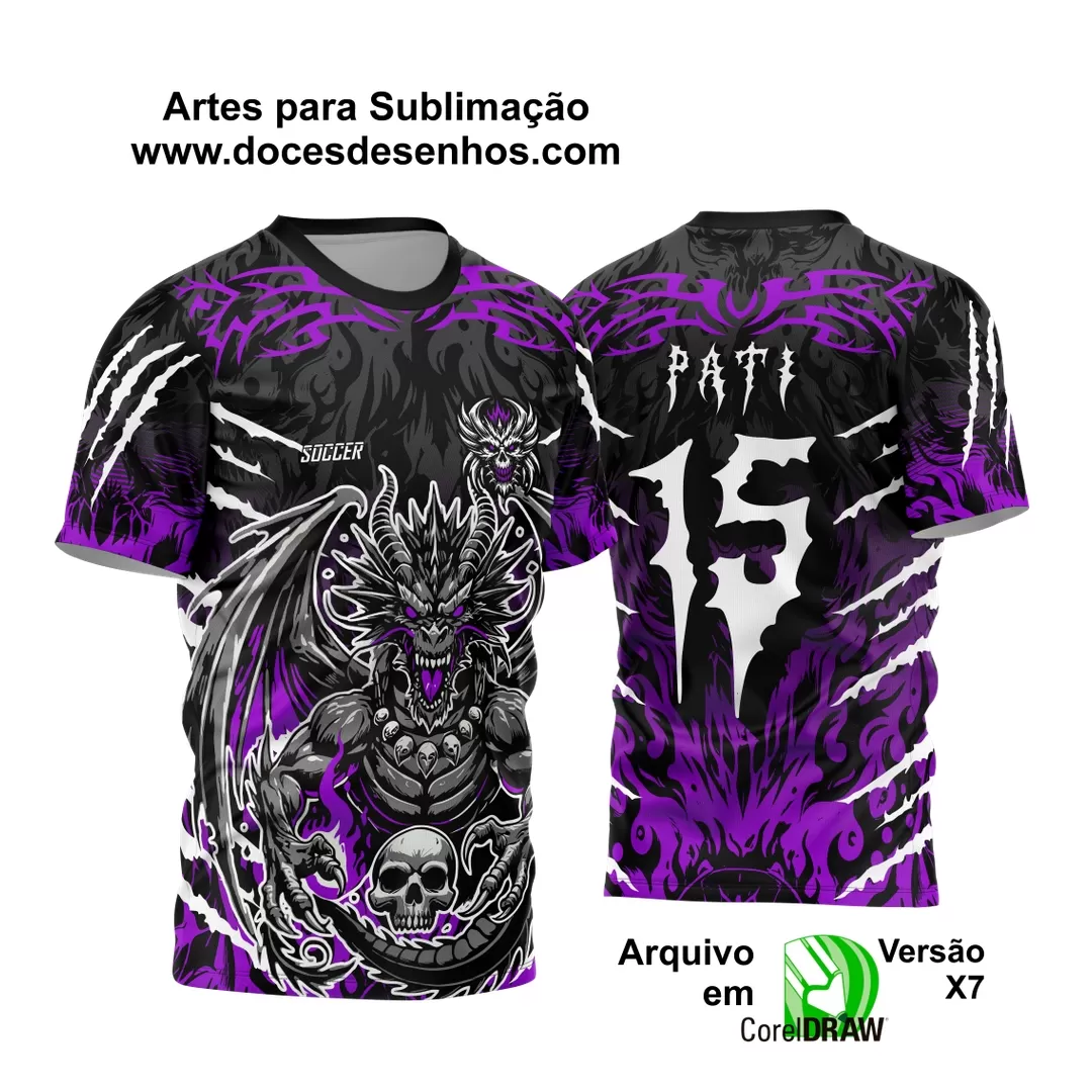 Arte Vetor - Camisa de Interclasse Preta e Roxa- Jogos Internos - Dragão Assustador - Caveira - 2024 - 2025