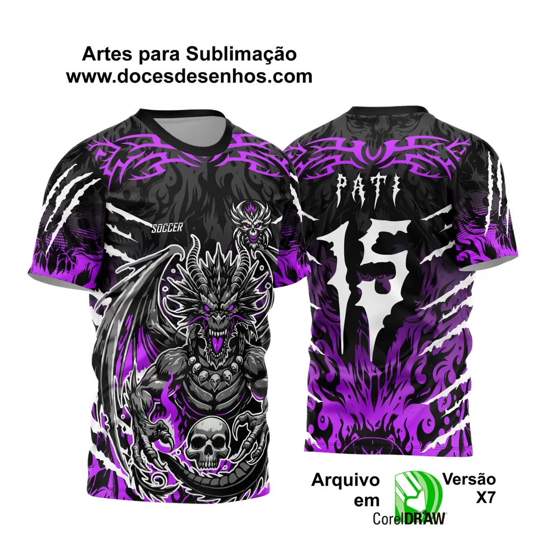 Arte Vetor - Camisa de Interclasse Preta e Roxa- Jogos Internos - Dragão Assustador - Caveira - 2024 - 2025