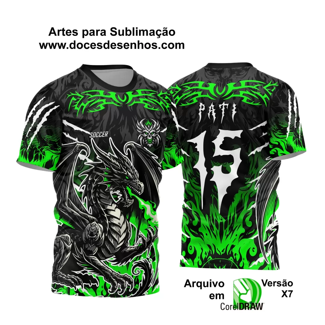 Arte Vetor - Camisa de Interclasse Preta e Verde - Jogos Internos - Dragão Negro - 2024 - 2025 - Doces Desenhos