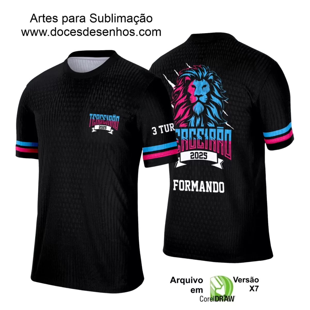 Estampa Camiseta Escolar Preta – Formandos – Concluintes 2025 – Terceirão 2025 - Leão Azul e Pink