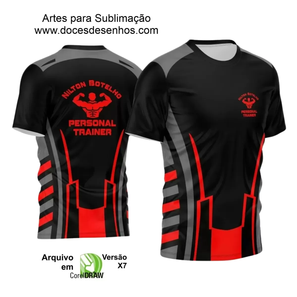 Estampa Camiseta - Preta e Vermelha - Profissão - Personal Trainer - Academia Fitness 2024 - 2025