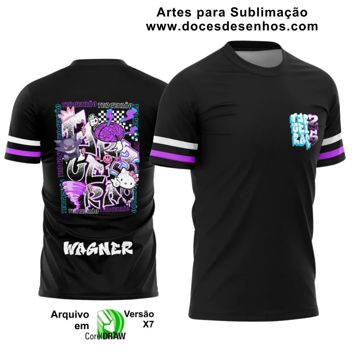 Estampa Para Camiseta Escolar – Arte Vetor - Uniforme Concluintes 2025 – Terceirão: Estilo Gengar e Hello Kitty Terceirão Ano 2025