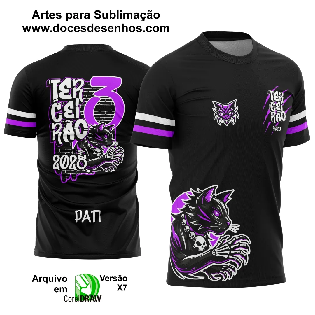 Estampa Para Camiseta Escolar Preta e Roxa 2025 – Arte Vetor - Uniforme Concluintes 2025 – Terceirão: Estilo Gatinho