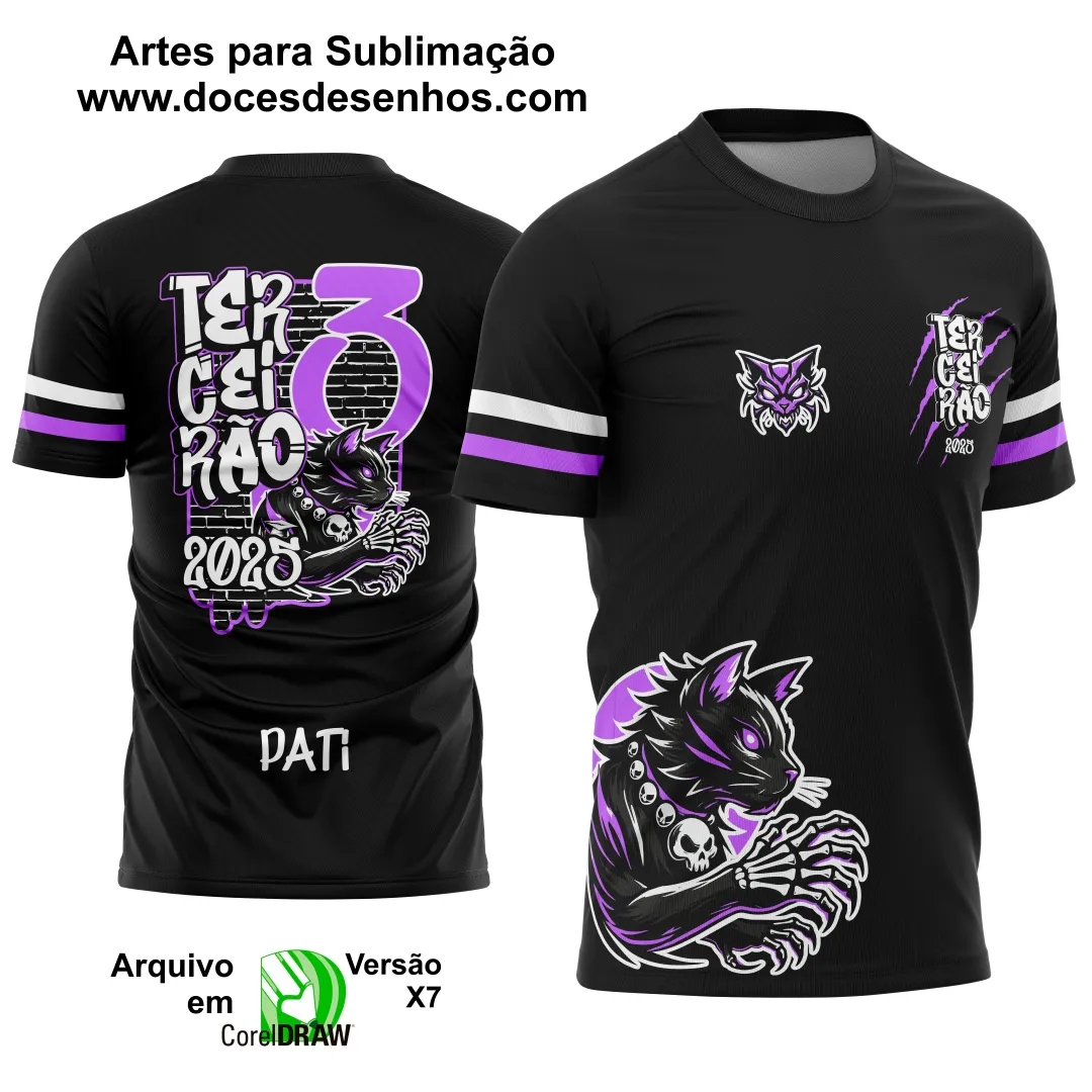 Estampa Para Camiseta Escolar Preta e Roxa 2025 – Arte Vetor - Uniforme Concluintes 2025 – Terceirão: Estilo Gatinho