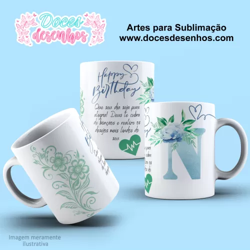  Arte Estampa Caneca - Sublimação - Alfabeto Floral - Azul - 2024