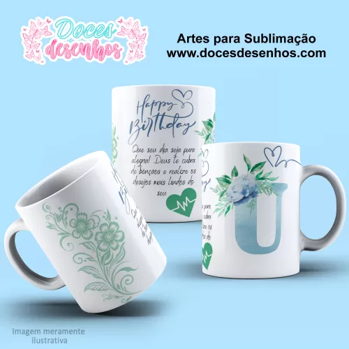  Arte Estampa Caneca - Sublimação - Alfabeto Floral - Azul - 2024