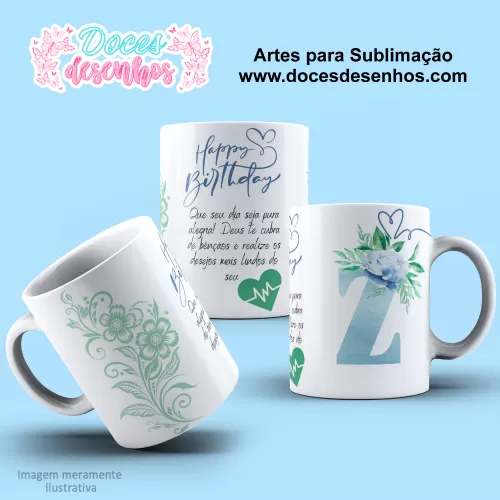  Arte Estampa Caneca - Sublimação - Alfabeto Floral - Azul - 2024