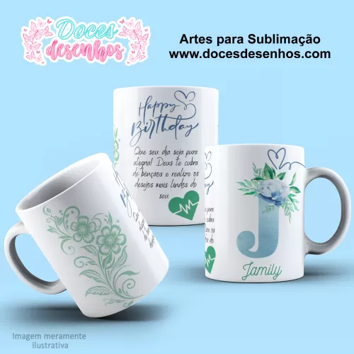  Arte Estampa Caneca - Sublimação - Alfabeto Floral - Azul - 2024