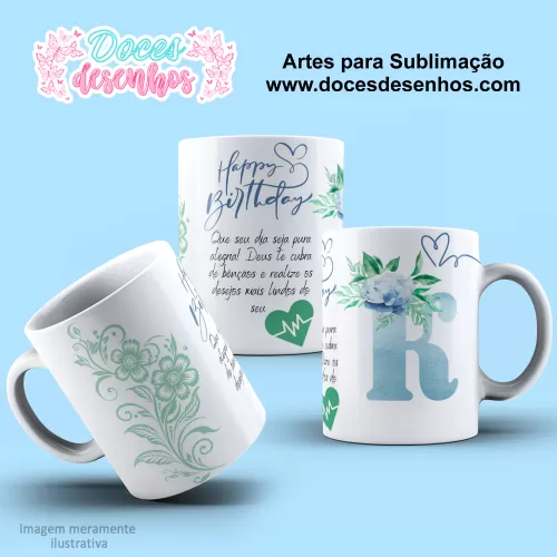  Arte Estampa Caneca - Sublimação - Alfabeto Floral - Azul - 2024