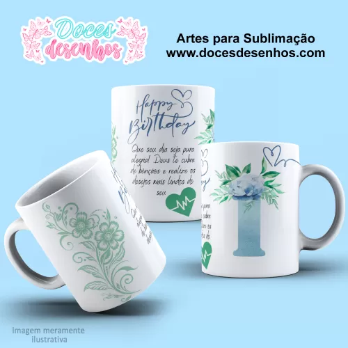  Arte Estampa Caneca - Sublimação - Alfabeto Floral - Azul - 2024