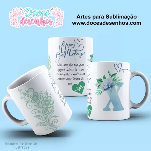  Arte Estampa Caneca - Sublimação - Alfabeto Floral - Azul - 2024