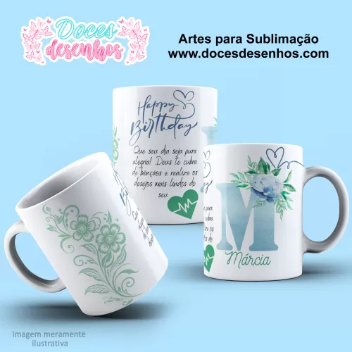  Arte Estampa Caneca - Sublimação - Alfabeto Floral - Azul - 2024