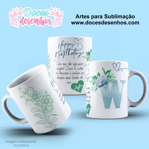  Arte Estampa Caneca - Sublimação - Alfabeto Floral - Azul - 2024