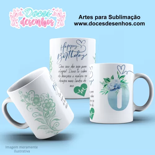  Arte Estampa Caneca - Sublimação - Alfabeto Floral - Azul - 2024