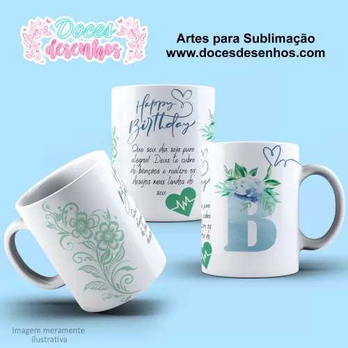  Arte Estampa Caneca - Sublimação - Alfabeto Floral - Azul - 2024