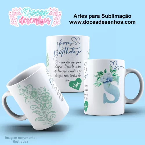  Arte Estampa Caneca - Sublimação - Alfabeto Floral - Azul - 2024