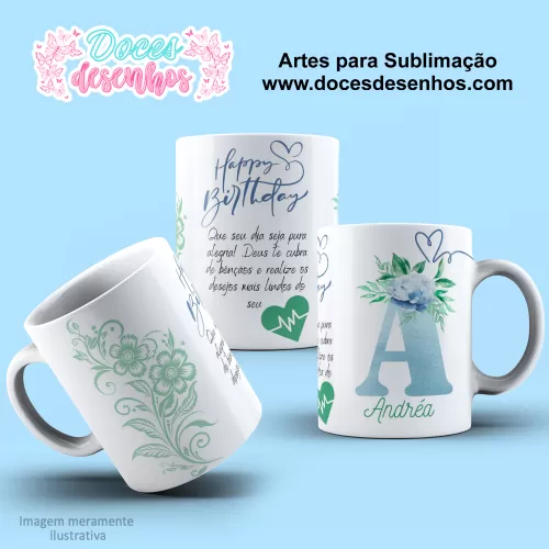  Arte Estampa Caneca - Sublimação - Alfabeto Floral - Azul - 2024