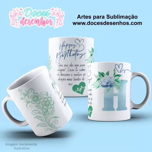  Arte Estampa Caneca - Sublimação - Alfabeto Floral - Azul - 2024