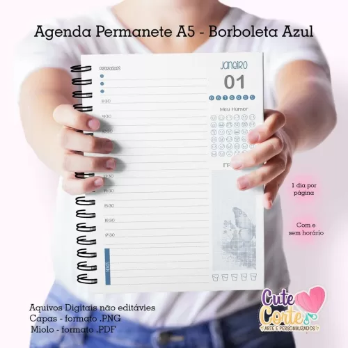 Agenda A5 – PERMANENTE – 1 DPP – BORBOLETAS N.1 (2 miolos) – Cute Corte