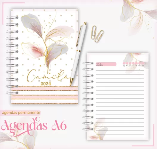 Agenda Permanente – A6 Flor Rosa com Dourado (Lina Criativa)