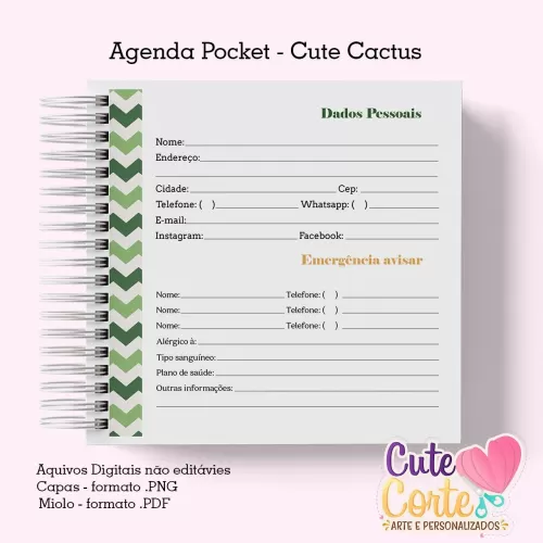 Agenda Pocket ( 4 capas/1miolo) – Cactus Cute 1DPP – Cute Corte