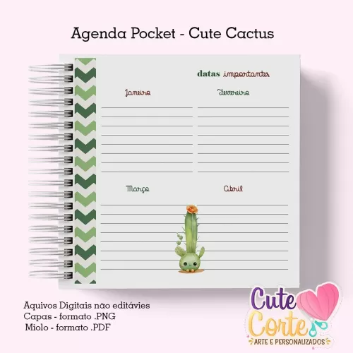 Agenda Pocket ( 4 capas/1miolo) – Cactus Cute 1DPP – Cute Corte