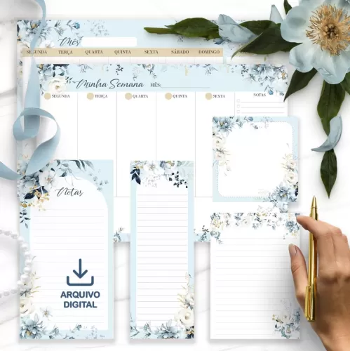 Arquivo Kit Desk Planners e Bloquinhos Coleção Floral Azul + Brinde – Bicho Papel