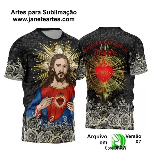 Arte Estampa Camisa Preta Religião 2024 - Sagrado Coração de Jesus