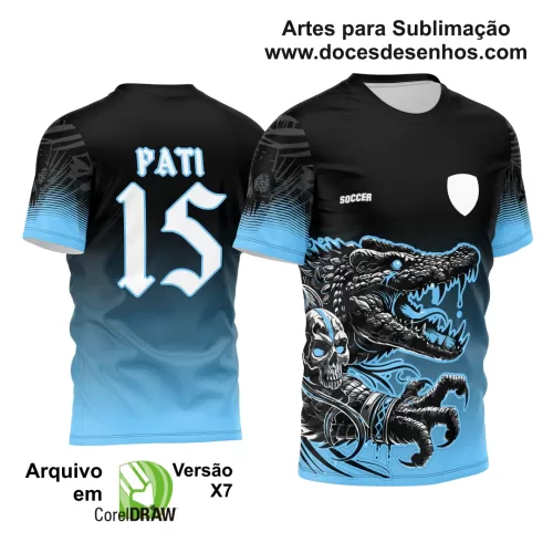 Arte Estampa - Camisa de Interclasse Preta e Azul - Jogos Internos - Crocodilo Caveira - 2024 - 2025 - Doces Desenhos