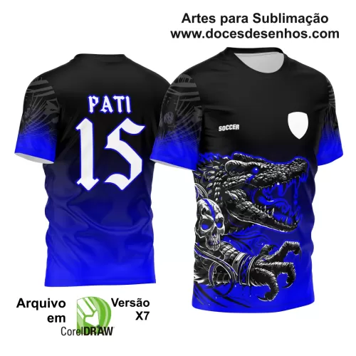 Arte Estampa - Camisa de Interclasse Preta e Azul - Jogos Internos - Crocodilo Caveira - 2024 - 2025 - Doces Desenhos