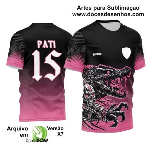 Arte Estampa - Camisa de Interclasse Preta e Rosa - Jogos Internos - Crocodilo Caveira - 2024 - 2025 - Doces Desenhos