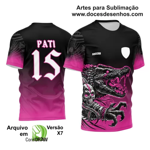 Arte Estampa - Camisa de Interclasse Preta e Rosa - Jogos Internos - Crocodilo Caveira - 2024 - 2025 - Doces Desenhos