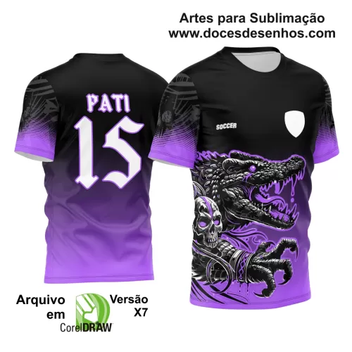 Arte Estampa - Camisa de Interclasse Preta e Roxa - Jogos Internos - Crocodilo Caveira - 2024 - 2025 - Doces Desenhos