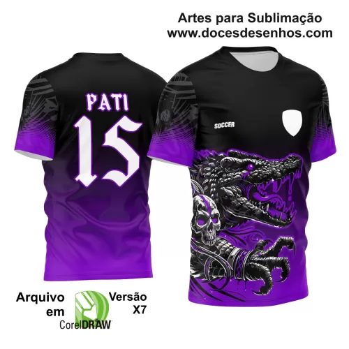 Arte Estampa - Camisa de Interclasse Preta e Roxa - Jogos Internos - Crocodilo Caveira - 2024 - 2025 - Doces Desenhos