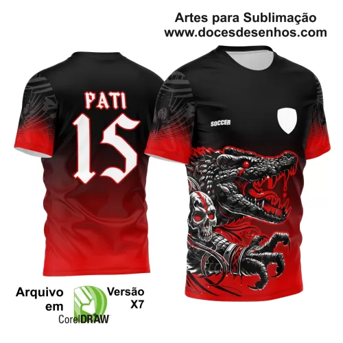 Arte Estampa - Camisa de Interclasse Preta e Vermelha - Jogos Internos - Crocodilo Caveira - 2024 - 2025 - Doces Desenhos